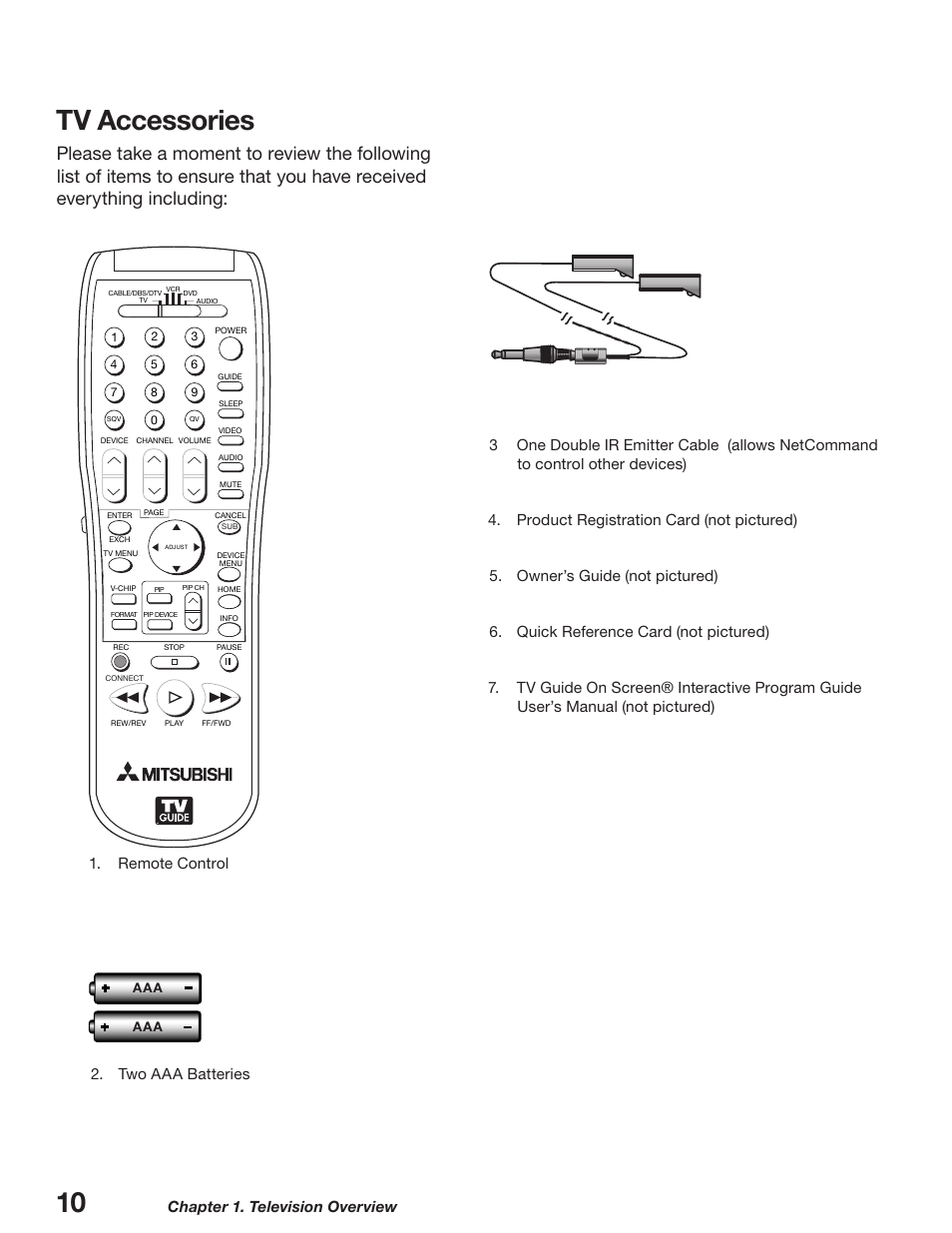 Tv accessories, Chapter 1. television overview | MITSUBISHI ELECTRIC WD-52627 User Manual | Page 10 / 118