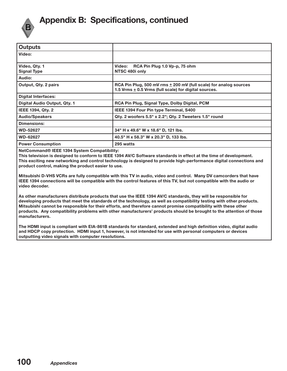 Appendix b: specifications, continued | MITSUBISHI ELECTRIC WD-52627 User Manual | Page 100 / 118