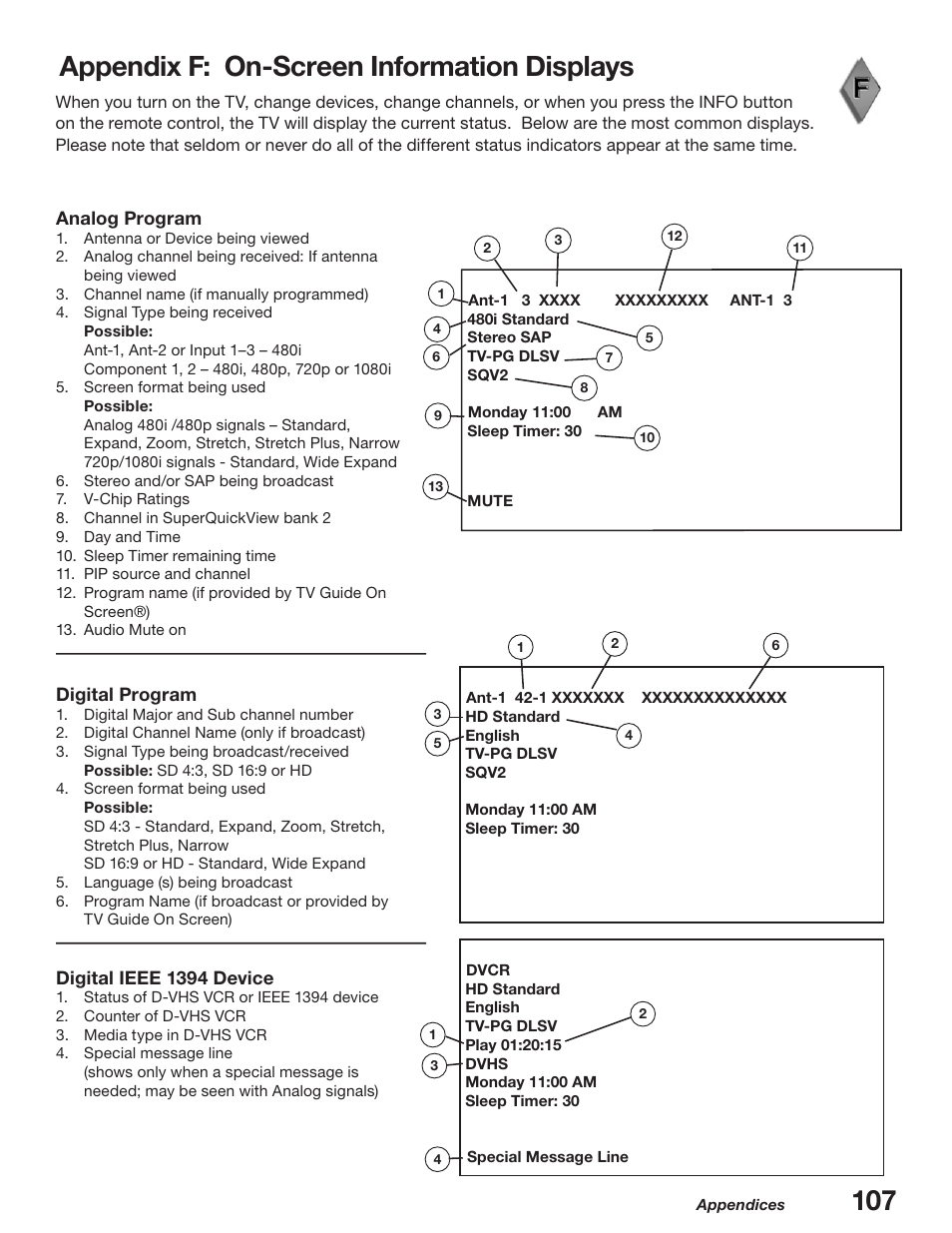 Appendix f: on-screen information displays, 107 appendix f: on-screen information displays | MITSUBISHI ELECTRIC WD-52627 User Manual | Page 107 / 118