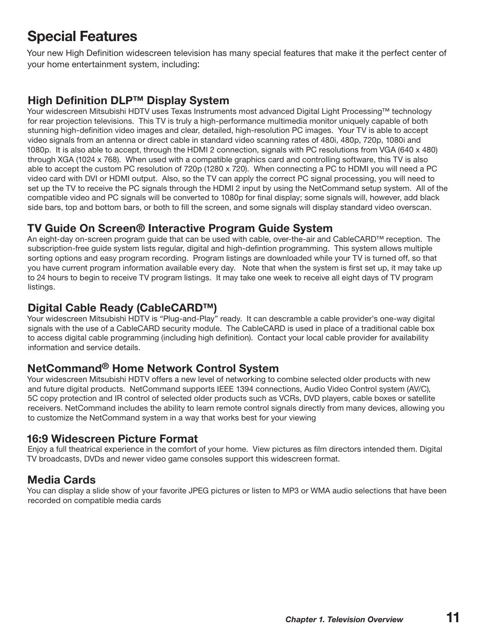 Special features, 11 special features | MITSUBISHI ELECTRIC WD-52627 User Manual | Page 11 / 118