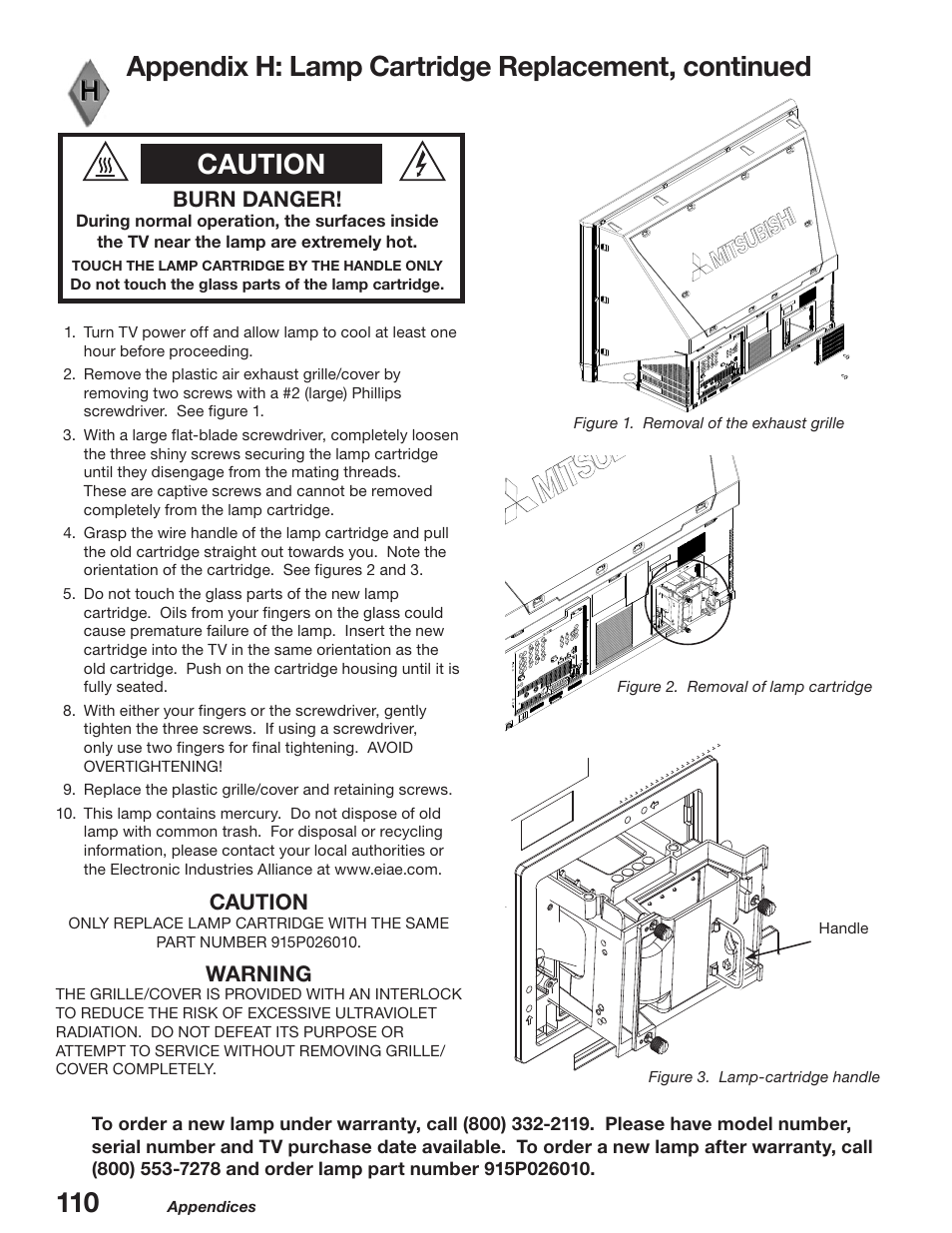 Appendix h: lamp cartridge replacement, continued, Caution, Warning | Burn danger | MITSUBISHI ELECTRIC WD-52627 User Manual | Page 110 / 118