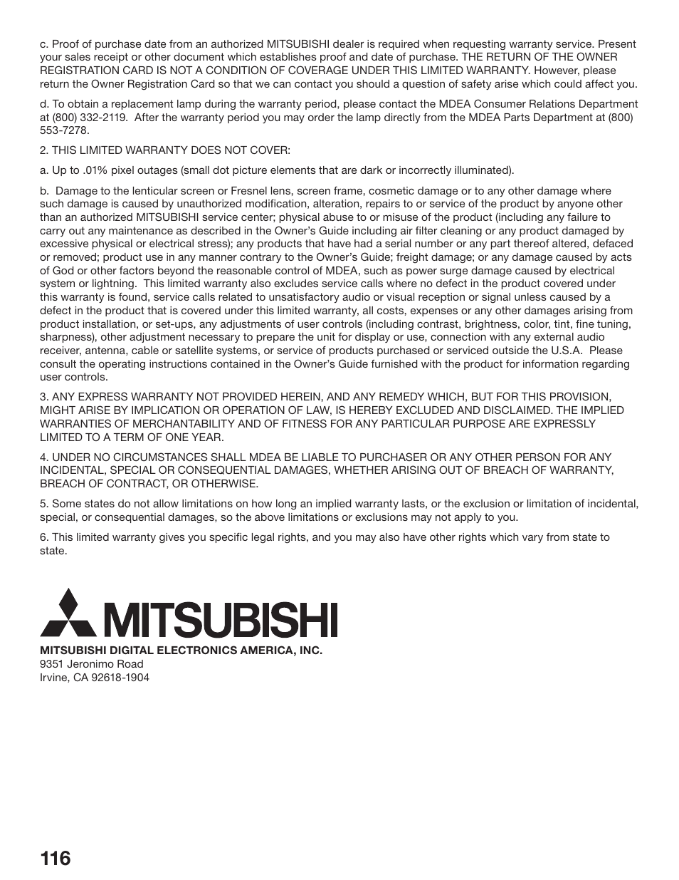 MITSUBISHI ELECTRIC WD-52627 User Manual | Page 116 / 118