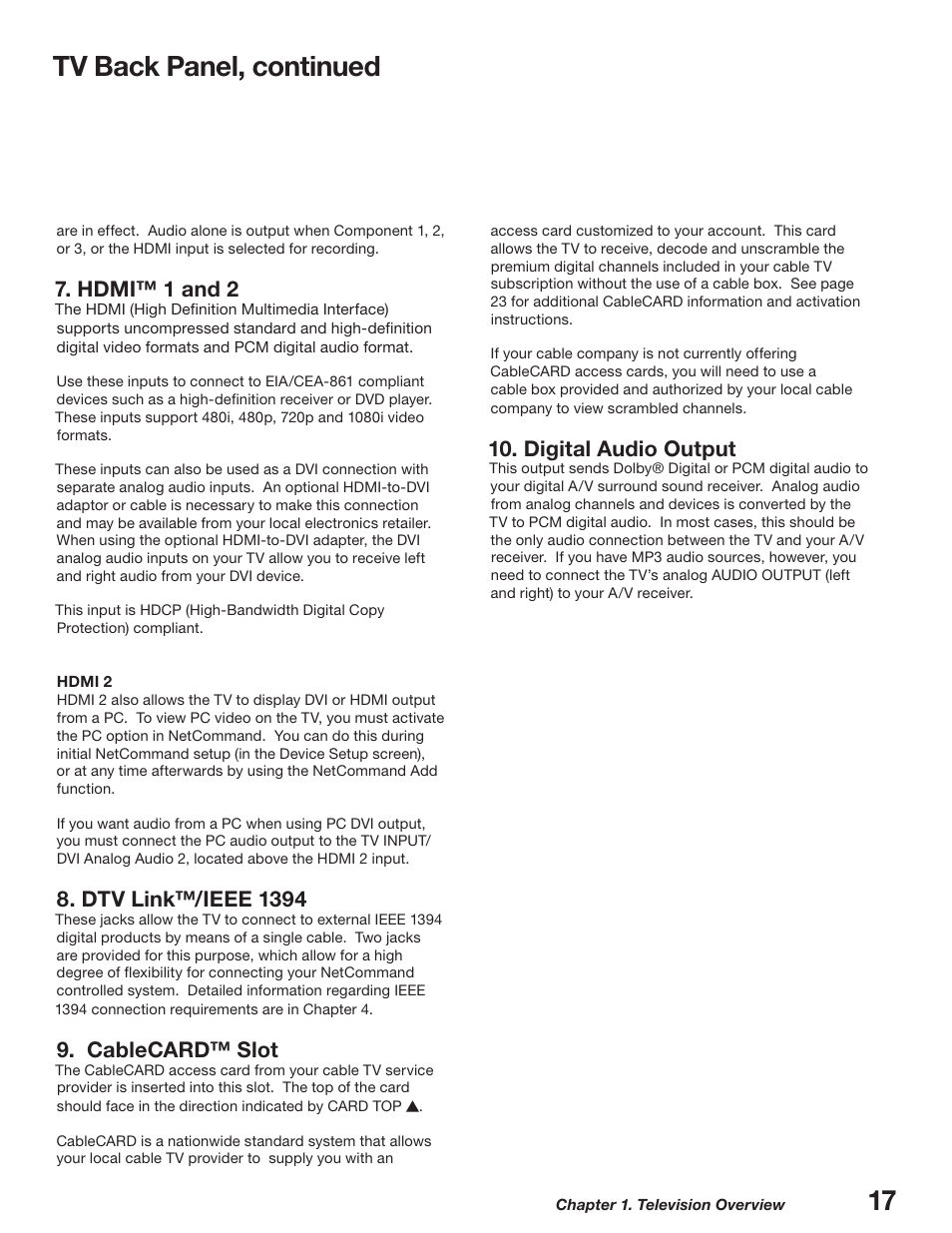 17 tv back panel, continued, Hdmi™ 1 and 2, Dtv link™/ieee 139 | Cablecard™ slot, Digital audio output | MITSUBISHI ELECTRIC WD-52627 User Manual | Page 17 / 118