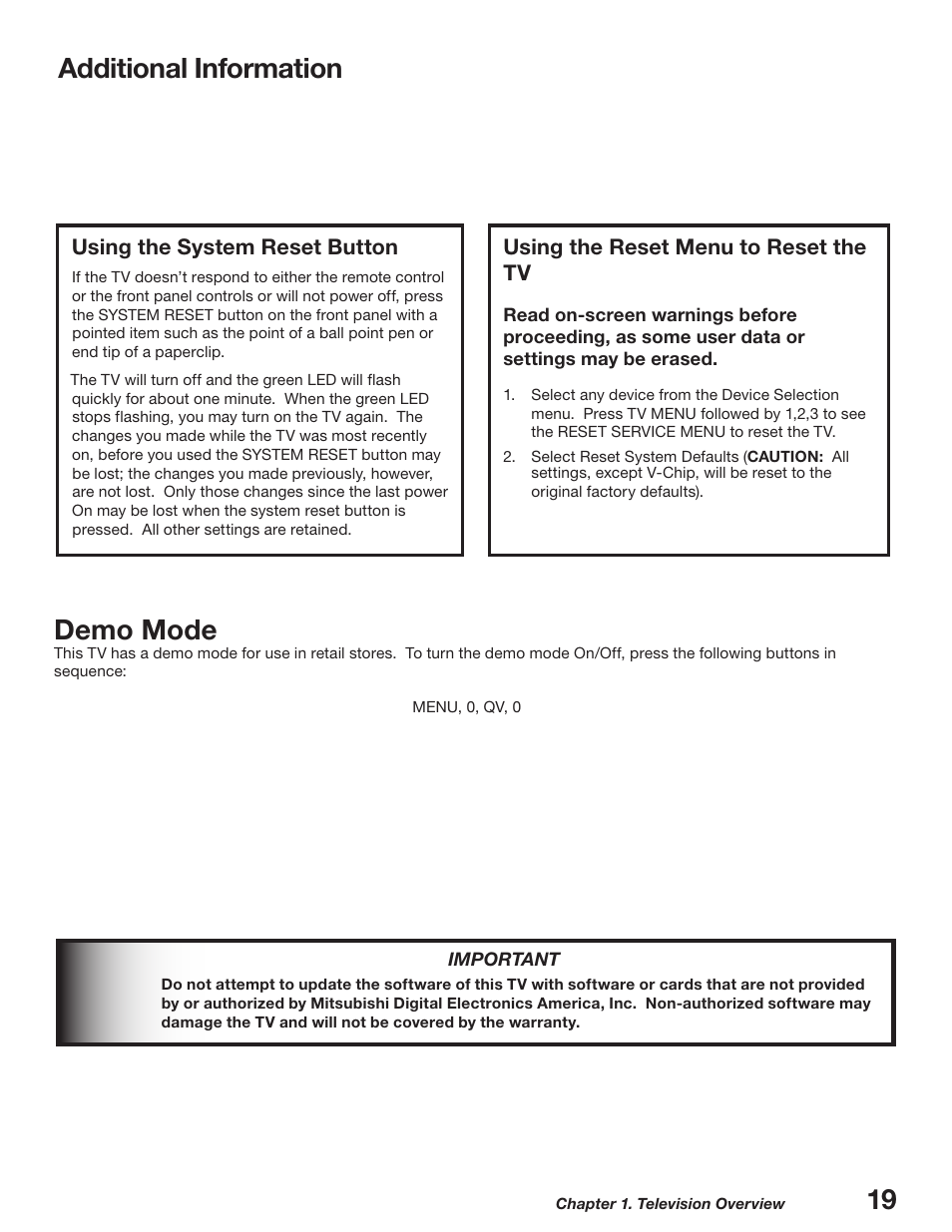 Using the system reset button, Using the reset menu to reset the tv, 19 additional information | Demo mode | MITSUBISHI ELECTRIC WD-52627 User Manual | Page 19 / 118