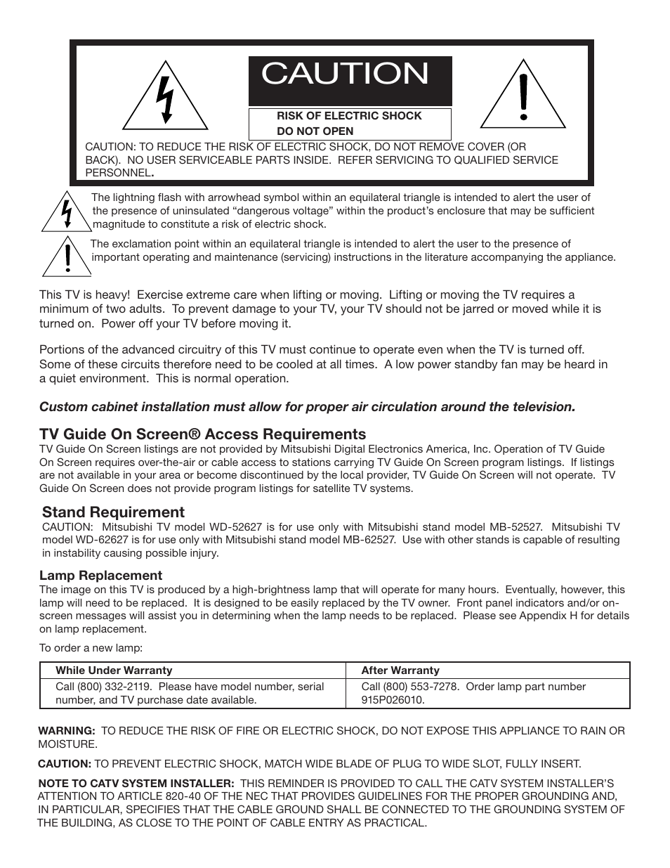 Caution, Tv guide on screen® access requirements, Stand requirement | MITSUBISHI ELECTRIC WD-52627 User Manual | Page 2 / 118