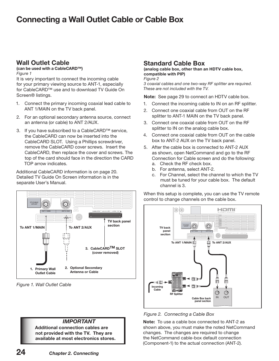 Wall outlet cable, Standard cable box, Connecting a wall outlet cable or cable box | Important, Figure 1. wall outlet cable | MITSUBISHI ELECTRIC WD-52627 User Manual | Page 24 / 118