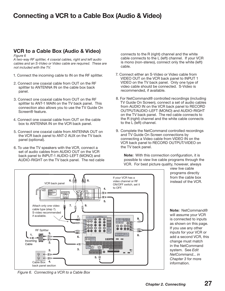 Vcr to a cable box (audio & video), Connecting a vcr to a cable box (audio & video), Chapter 2. connecting | Use with | MITSUBISHI ELECTRIC WD-52627 User Manual | Page 27 / 118