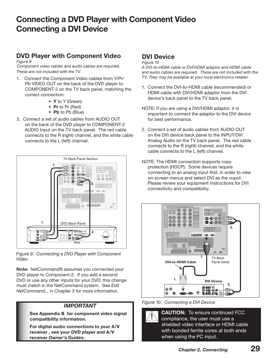 Dvd player with component video, Dvi device, Important | Chapter 2. connecting, Figure 10. connecting a dvi device, Use with, 57#bdl1bofm4fdujpo, 7*%fwjdf, 7*up)%.*$bcmf     57#bdl 1bofm%fubjm | MITSUBISHI ELECTRIC WD-52627 User Manual | Page 29 / 118