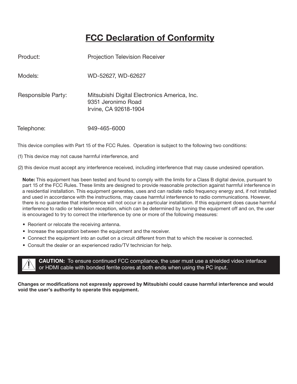 Fcc declaration of conformity | MITSUBISHI ELECTRIC WD-52627 User Manual | Page 3 / 118