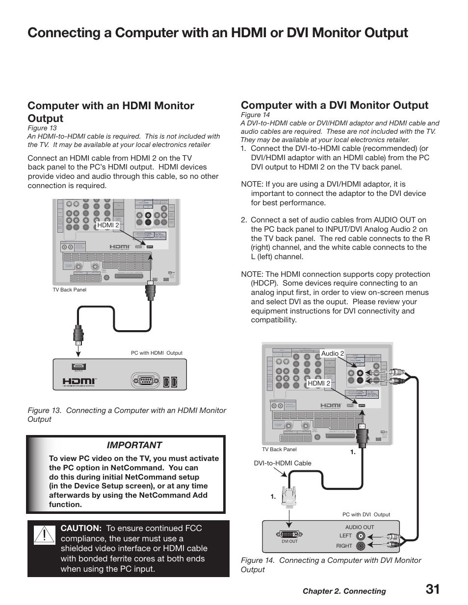 Computer with an hdmi monitor output, Computer with a dvi monitor output, Important | Chapter 2. connecting, 7*up)%.*$bcmf   )%.* "vejp, 57#bdl1bofm | MITSUBISHI ELECTRIC WD-52627 User Manual | Page 31 / 118