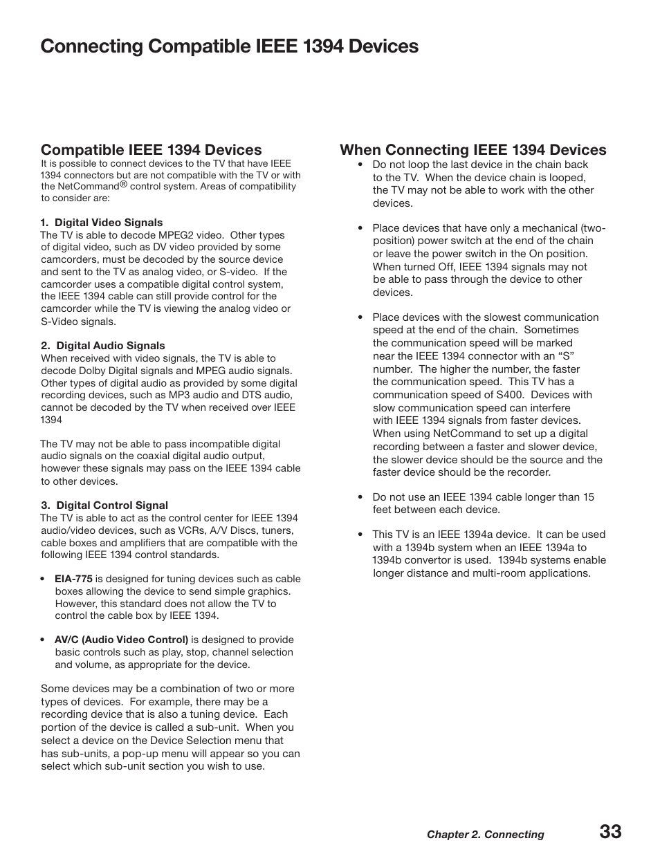 Compatible ieee 1394 devices, Compatible ieee 139 devices, Connecting compatible ieee 139 devices | When connecting ieee 139 devices | MITSUBISHI ELECTRIC WD-52627 User Manual | Page 33 / 118