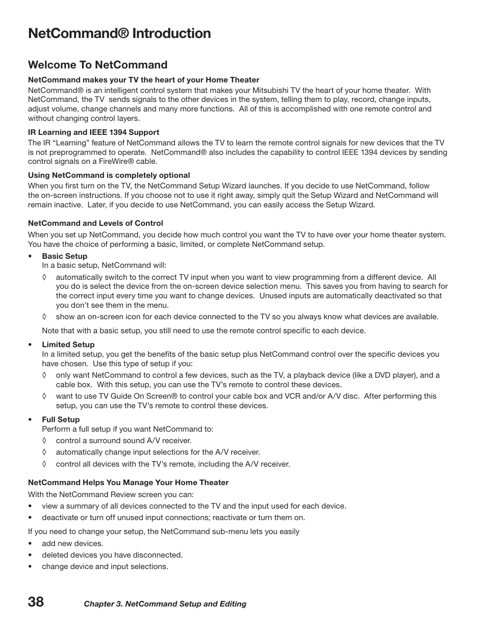 Netcommand® introduction, Welcome to netcommand | MITSUBISHI ELECTRIC WD-52627 User Manual | Page 38 / 118