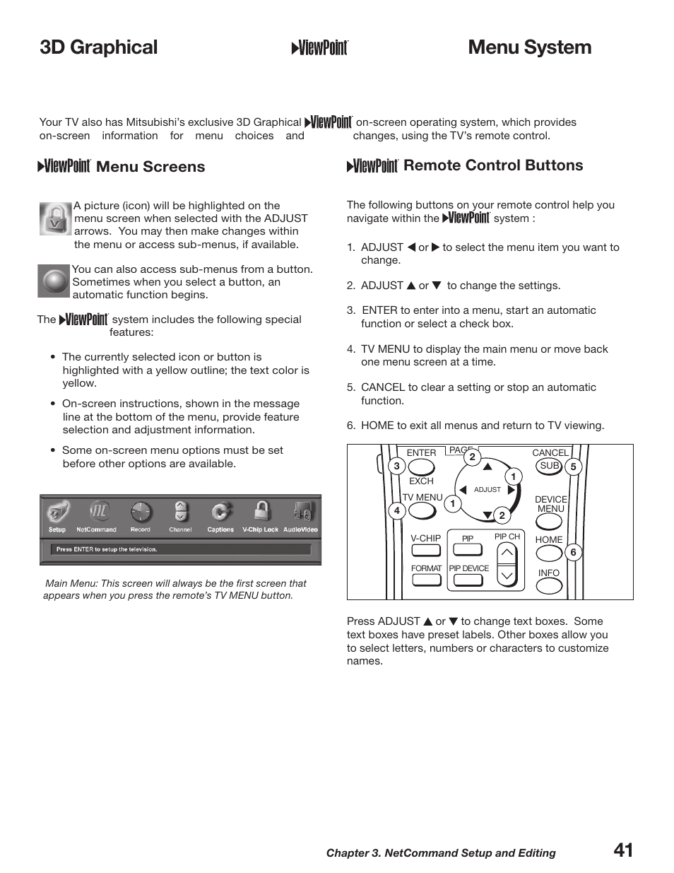 3d graphical ￼ menu system, 3d graphical, Menu system | 3d graphical menu system, Remote control buttons, Menu screens | MITSUBISHI ELECTRIC WD-52627 User Manual | Page 41 / 118