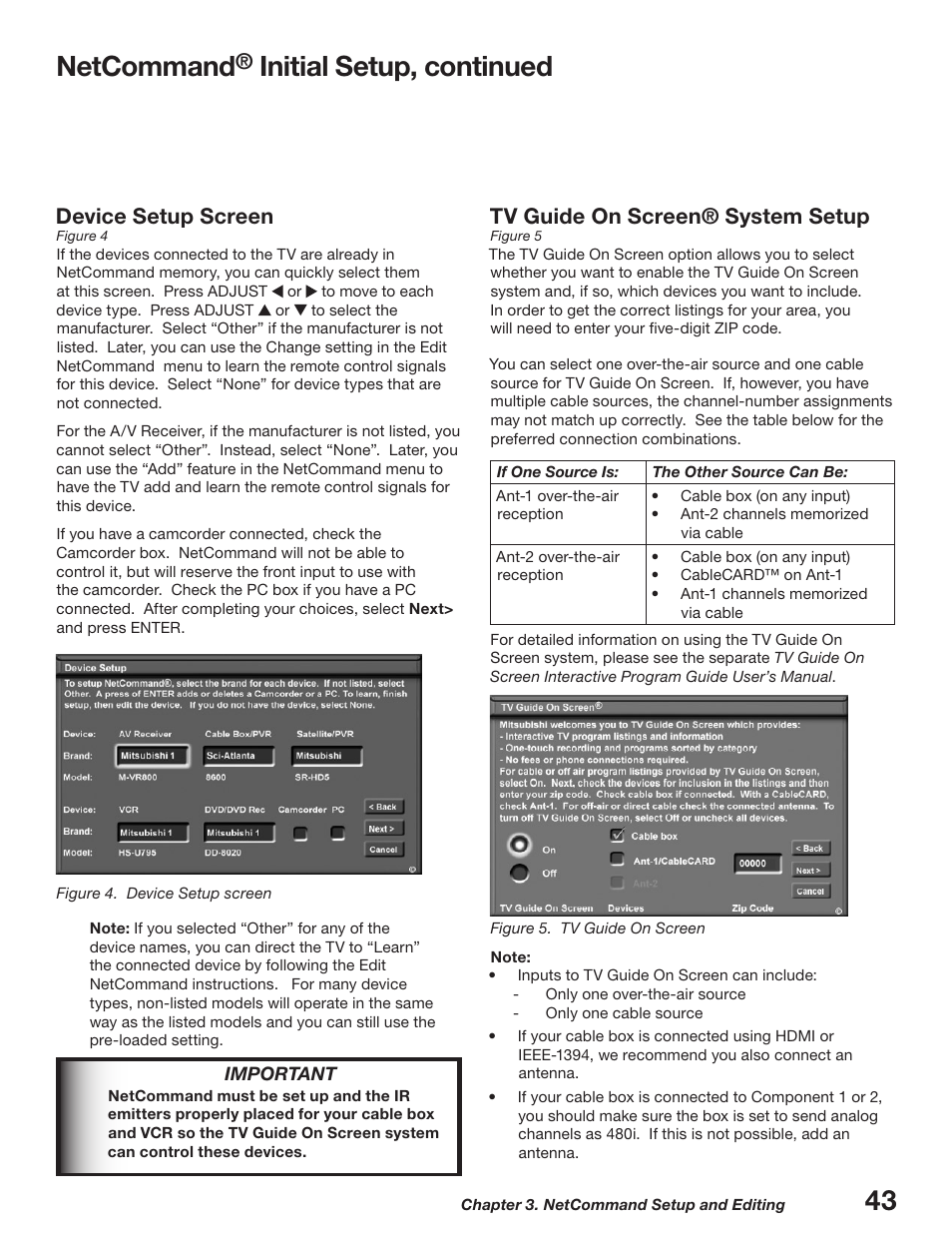 Netcommand, Initial setup, continued, Device setup screen | Tv guide on screen® system setup | MITSUBISHI ELECTRIC WD-52627 User Manual | Page 43 / 118