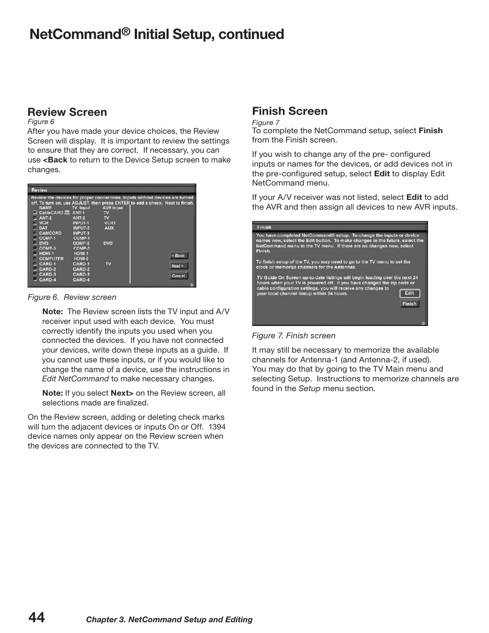 Netcommand, Initial setup, continued, Review screen | Finish screen | MITSUBISHI ELECTRIC WD-52627 User Manual | Page 44 / 118