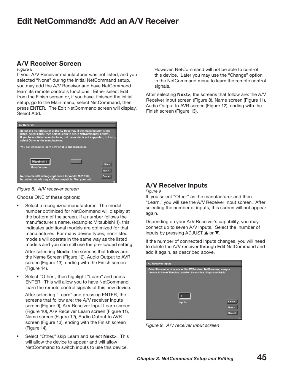 Edit netcommand®: add an a/v receiver, 5 edit netcommand®: add an a/v receiver, A/v receiver screen | A/v receiver inputs | MITSUBISHI ELECTRIC WD-52627 User Manual | Page 45 / 118