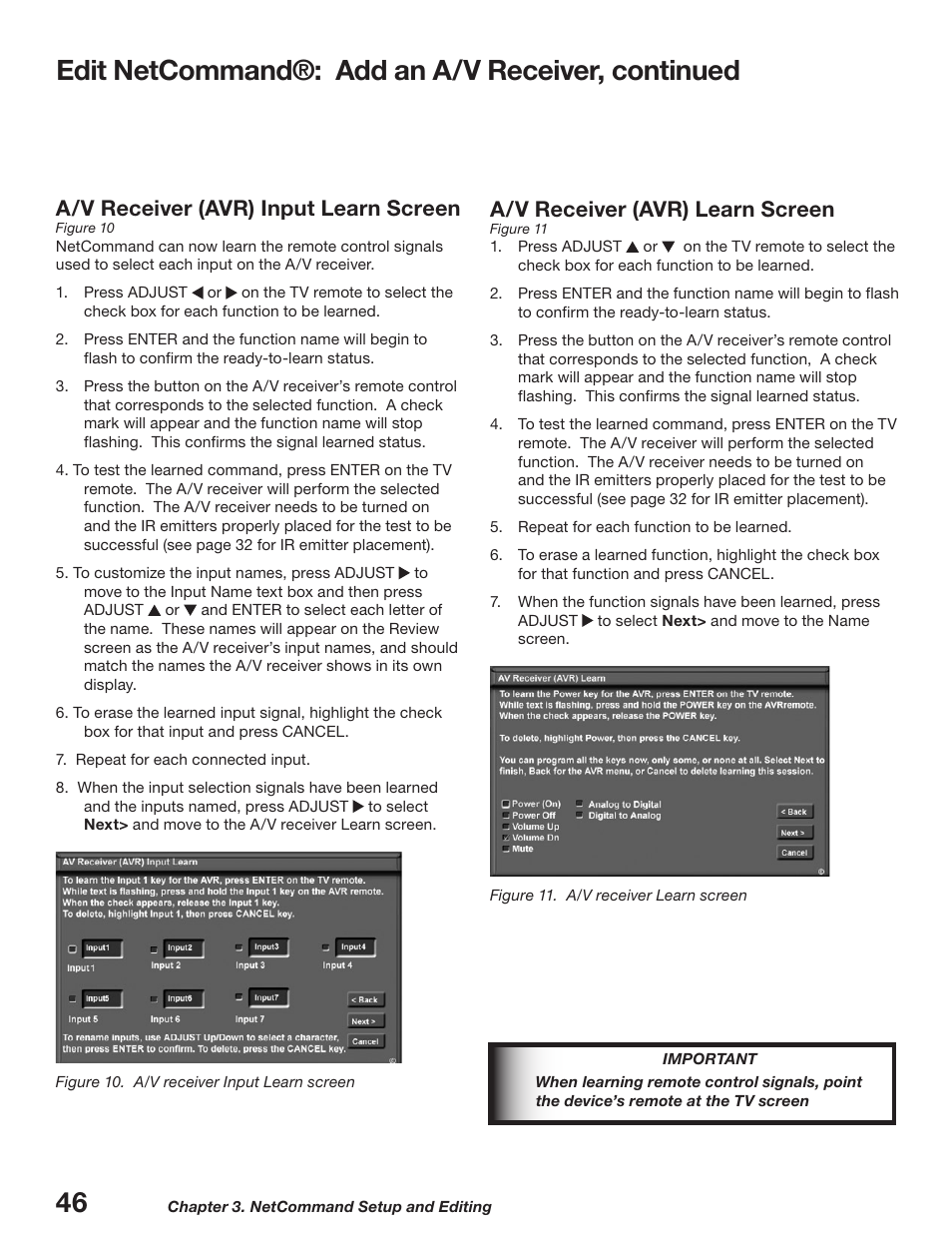 Edit netcommand®: add an a/v receiver, continued, A/v receiver (avr) learn screen, A/v receiver (avr) input learn screen | MITSUBISHI ELECTRIC WD-52627 User Manual | Page 46 / 118