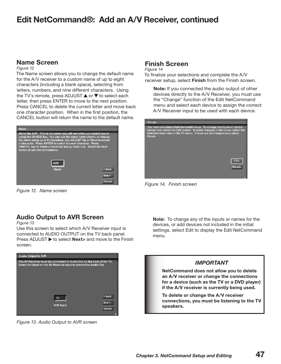 7 edit netcommand®: add an a/v receiver, continued, Audio output to avr screen, Finish screen | Name screen | MITSUBISHI ELECTRIC WD-52627 User Manual | Page 47 / 118