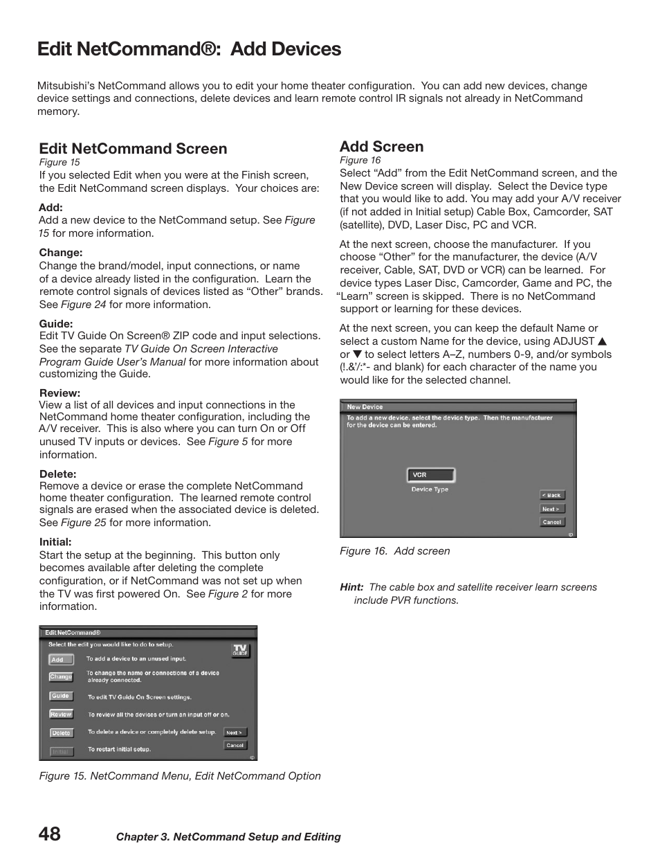 Edit netcommand®: add devices, Edit netcommand screen, Add screen | MITSUBISHI ELECTRIC WD-52627 User Manual | Page 48 / 118