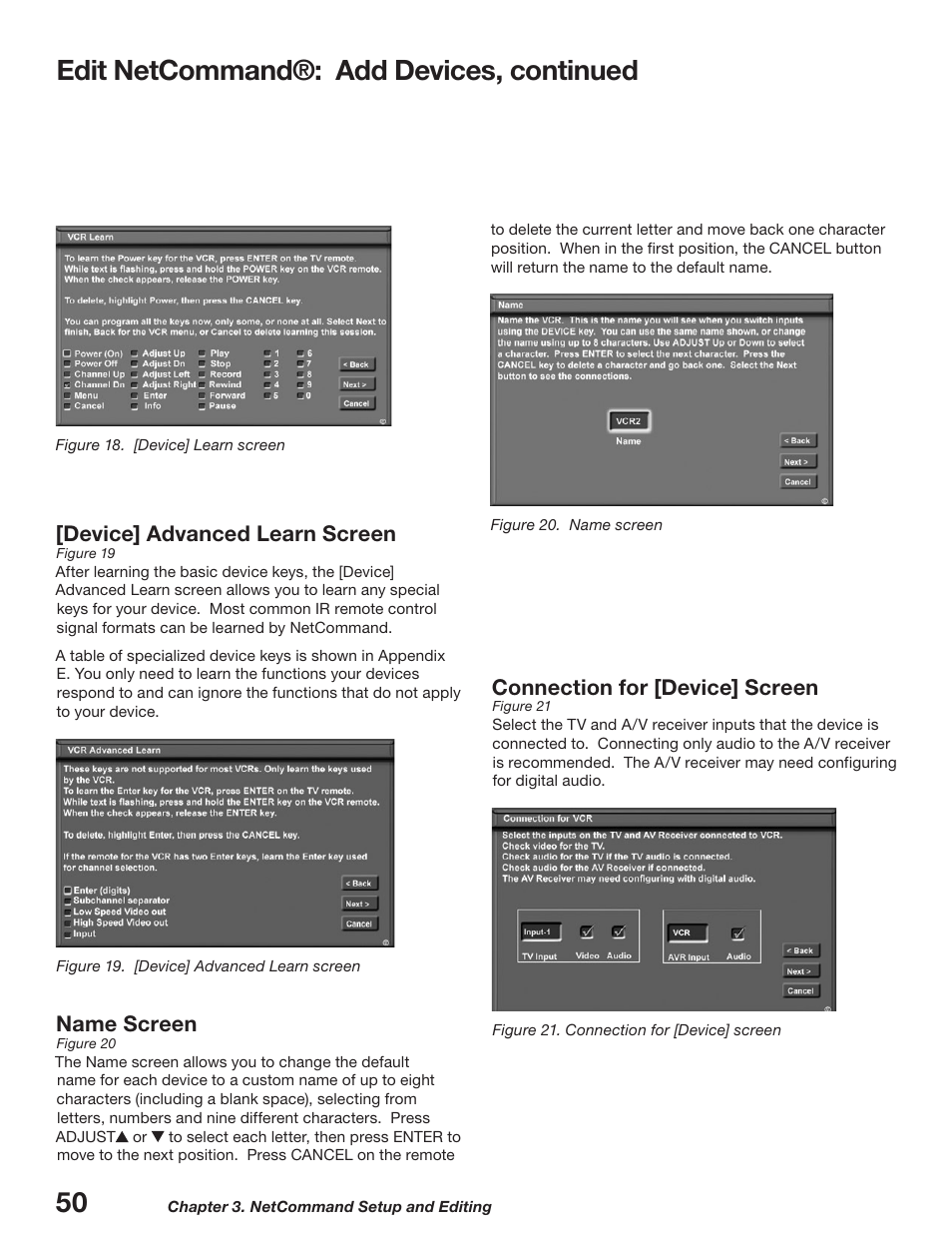 Edit netcommand®: add devices, continued, Connection for [device] screen, Name screen | Device] advanced learn screen | MITSUBISHI ELECTRIC WD-52627 User Manual | Page 50 / 118