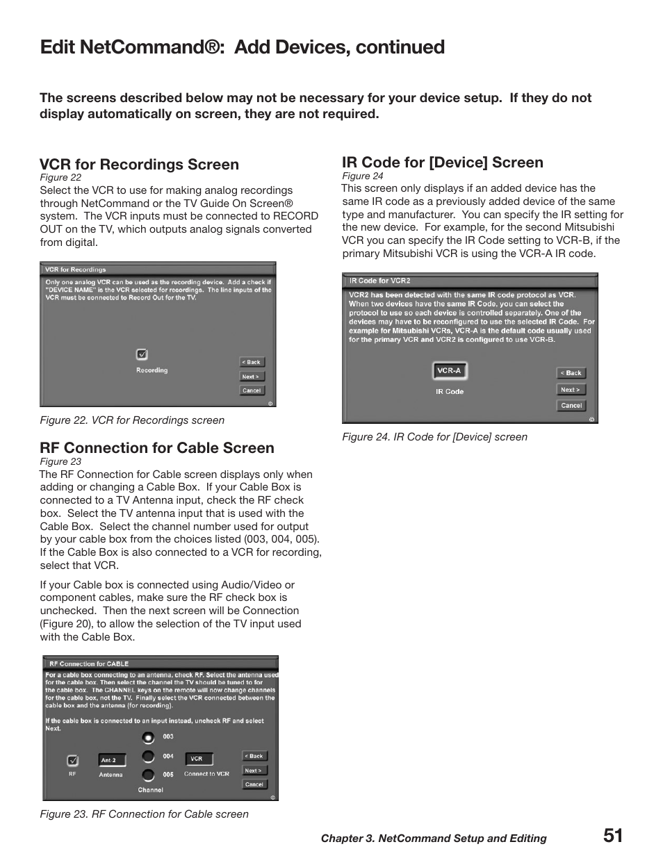 Edit netcommand®: add devices, continued, Vcr for recordings screen, Rf connection for cable screen | Ir code for [device] screen | MITSUBISHI ELECTRIC WD-52627 User Manual | Page 51 / 118