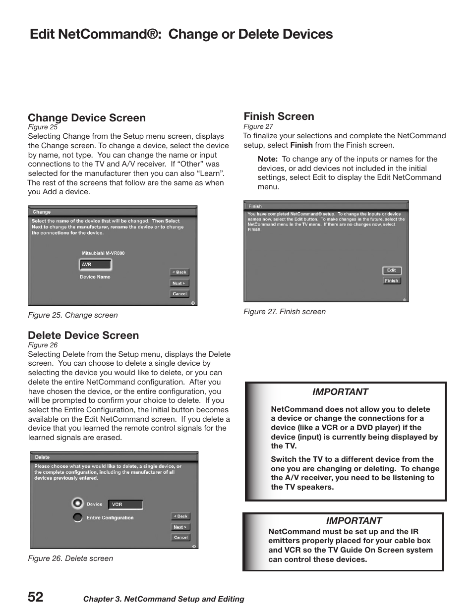 Edit netcommand®: change or delete devices, Finish screen, Change device screen | Delete device screen | MITSUBISHI ELECTRIC WD-52627 User Manual | Page 52 / 118