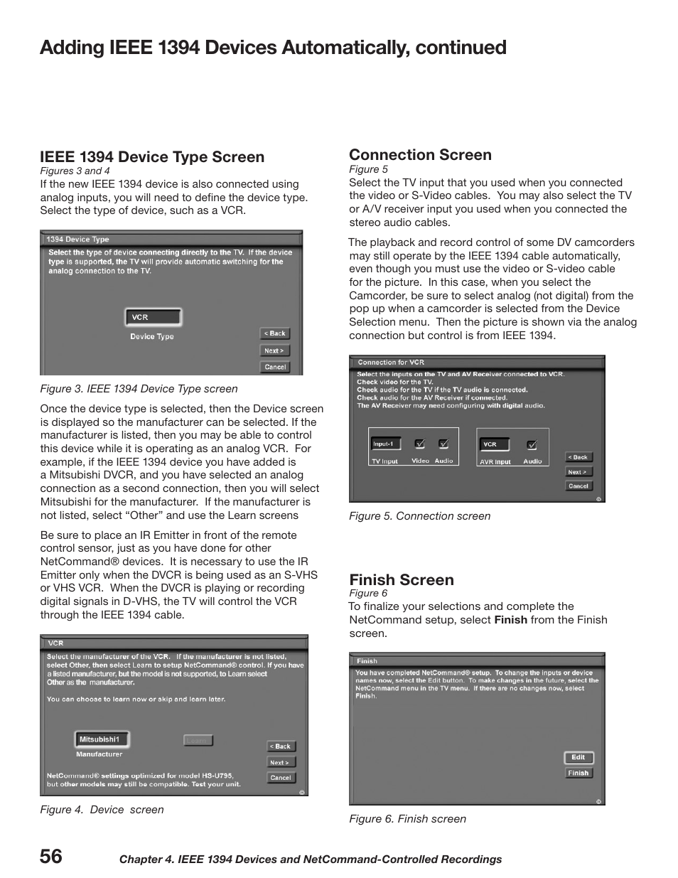 Adding ieee 139 devices automatically, continued, Connection screen, Ieee 139 device type screen | Finish screen | MITSUBISHI ELECTRIC WD-52627 User Manual | Page 56 / 118