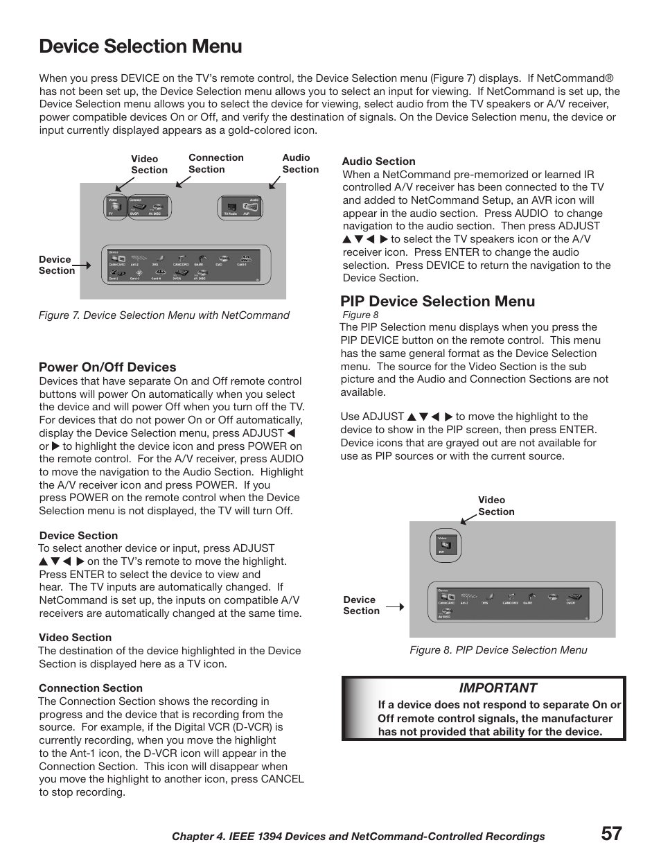 Device selection menu, 57 device selection menu, Pip device selection menu | MITSUBISHI ELECTRIC WD-52627 User Manual | Page 57 / 118