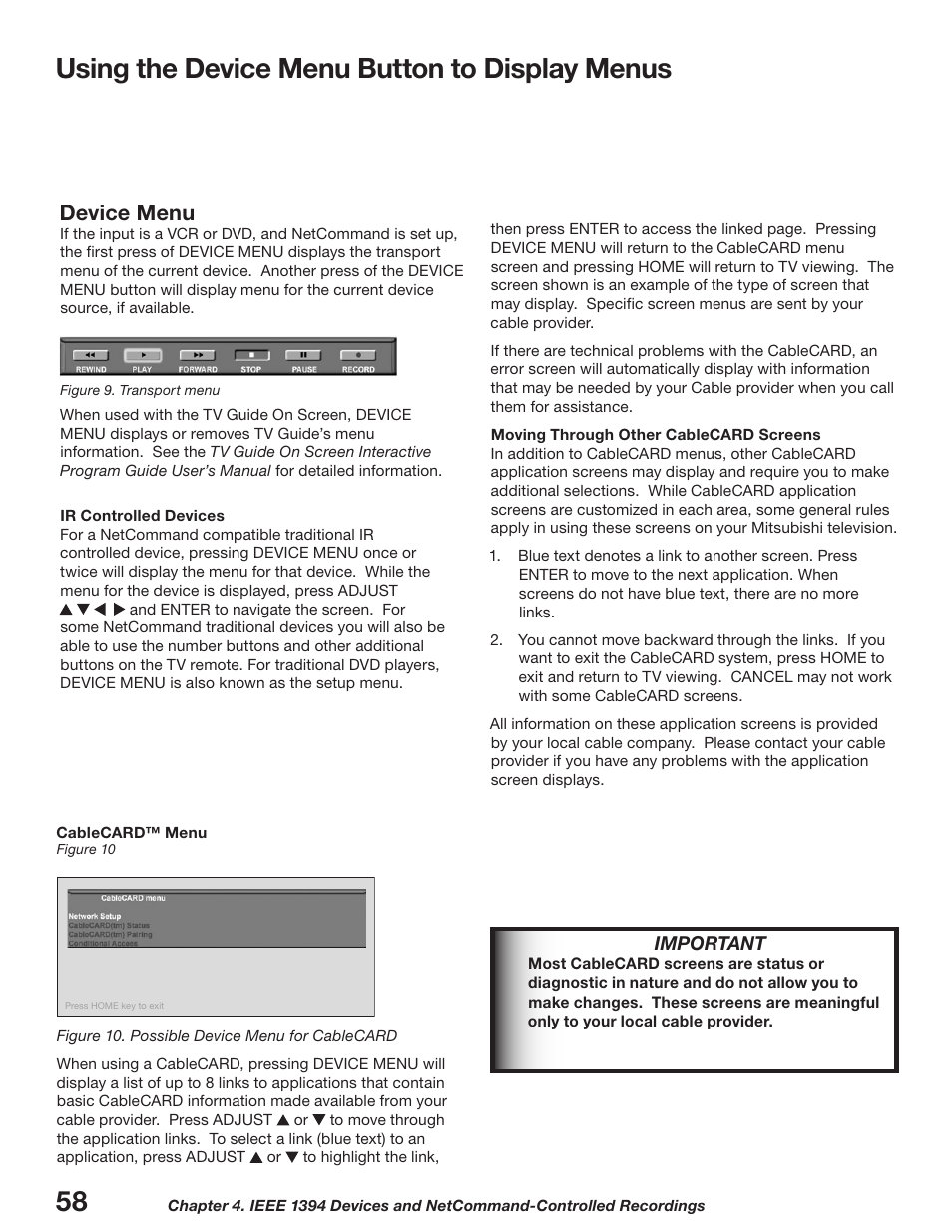 Using the device menu button to display menus, Device menu | MITSUBISHI ELECTRIC WD-52627 User Manual | Page 58 / 118