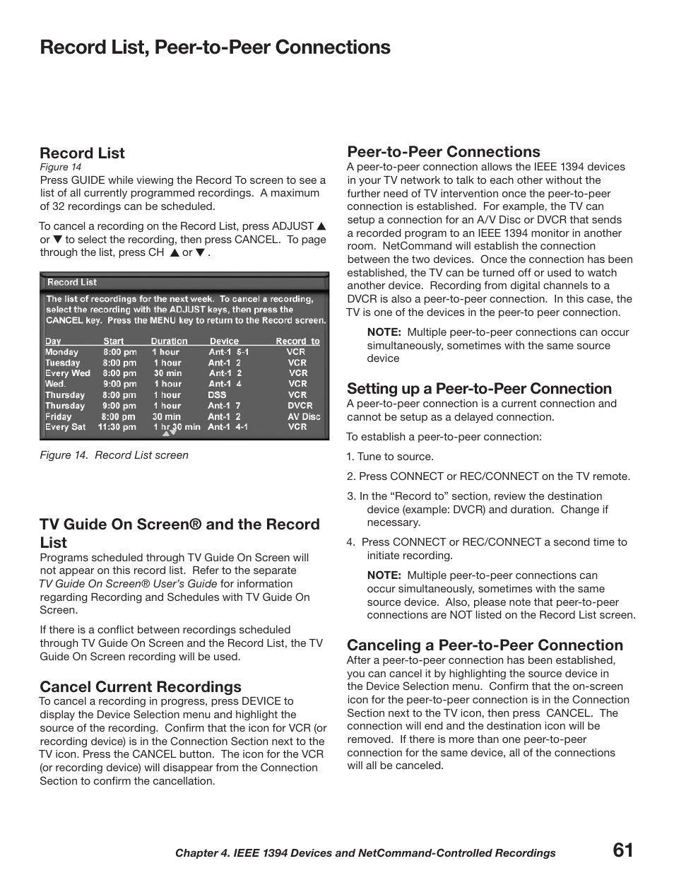 Record list, peer-to-peer connections, Record list, Tv guide on screen® and the record list | Cancel current recordings, Peer-to-peer connections, Setting up a peer-to-peer connection, Canceling a peer-to-peer connection | MITSUBISHI ELECTRIC WD-52627 User Manual | Page 61 / 118