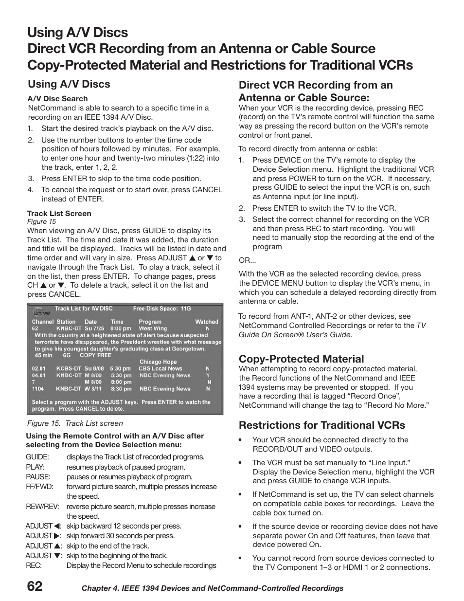 Using a/v discs, Copy-protected material, Restrictions for traditional vcrs | MITSUBISHI ELECTRIC WD-52627 User Manual | Page 62 / 118