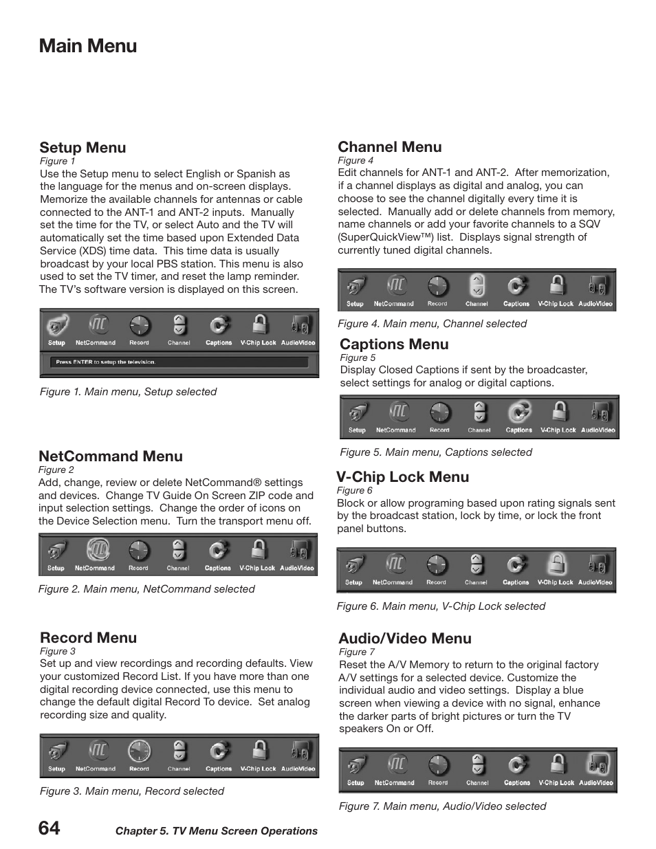 Main menu, Setup menu, Channel menu | Captions menu, V-chip lock menu, Audio/video menu, Netcommand menu, Record menu | MITSUBISHI ELECTRIC WD-52627 User Manual | Page 64 / 118