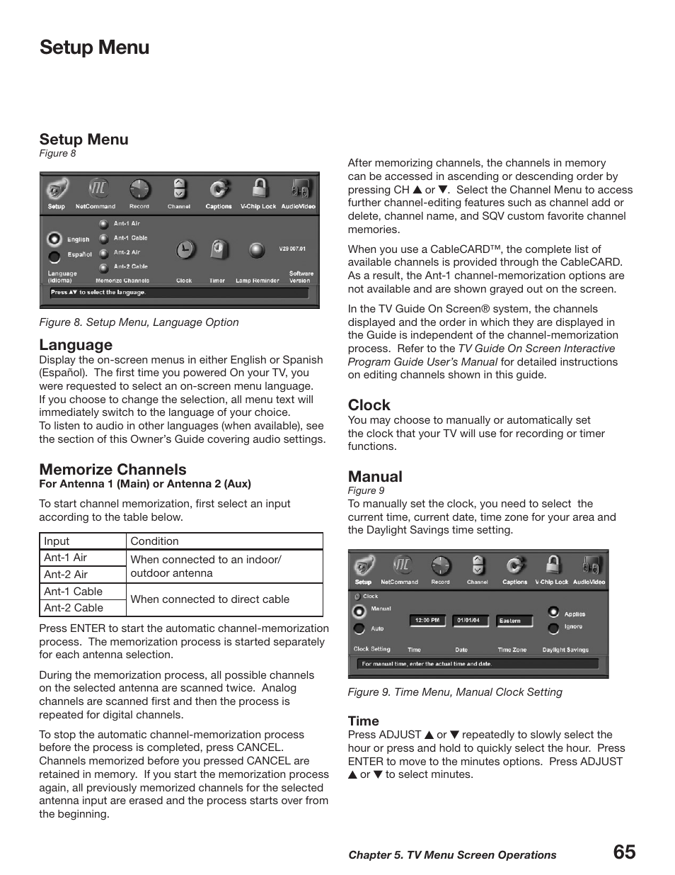 Setup menu, 65 setup menu, Clock | Manual, Language | MITSUBISHI ELECTRIC WD-52627 User Manual | Page 65 / 118