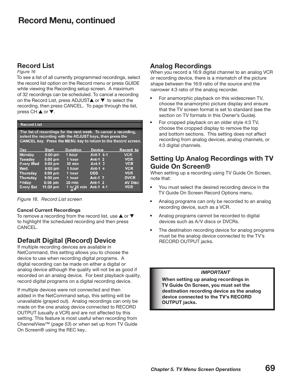 69 record menu, continued, Default digital (record) device, Record list | Analog recordings | MITSUBISHI ELECTRIC WD-52627 User Manual | Page 69 / 118