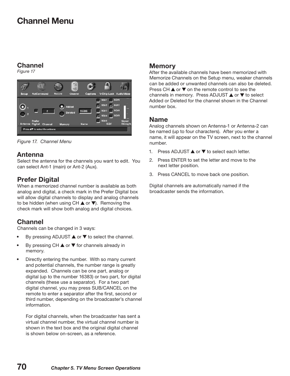 Channel menu, Channel, Antenna | Prefer digital, Name | MITSUBISHI ELECTRIC WD-52627 User Manual | Page 70 / 118