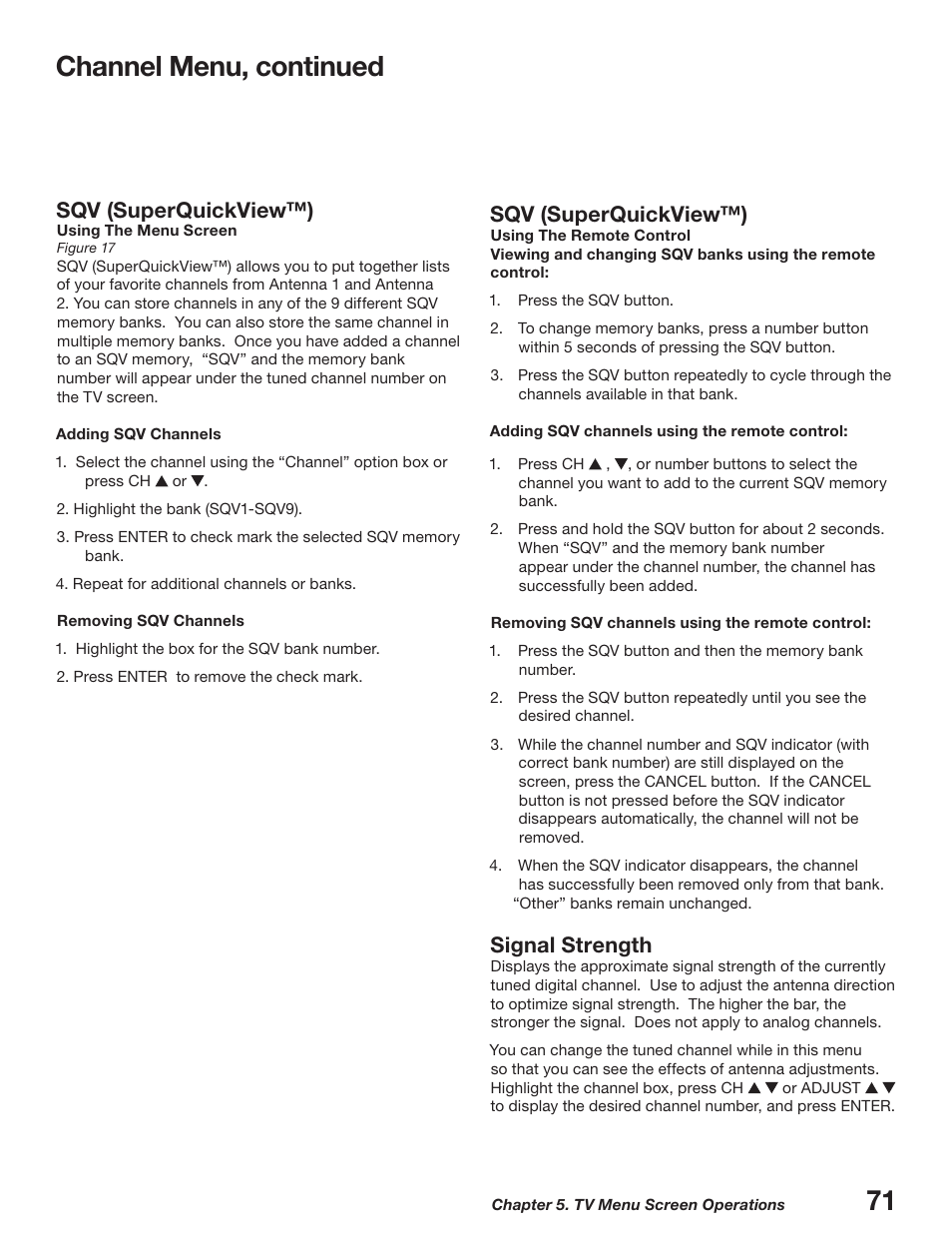 Channel menu, continued, Sqv (superquickview™), Signal strength | MITSUBISHI ELECTRIC WD-52627 User Manual | Page 71 / 118