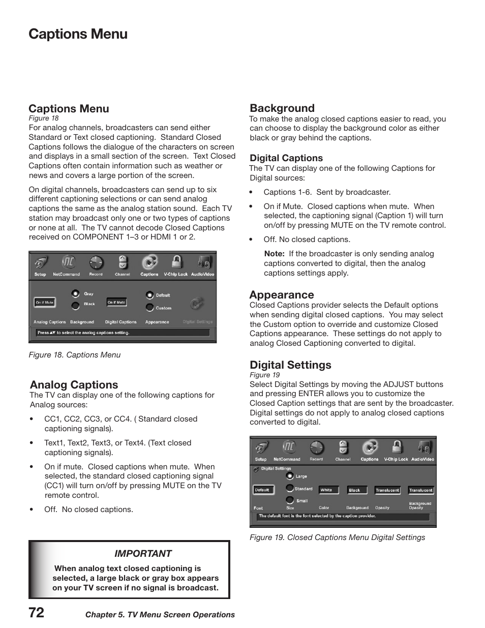 Captions menu, Analog captions, Background | Appearance, Digital settings | MITSUBISHI ELECTRIC WD-52627 User Manual | Page 72 / 118