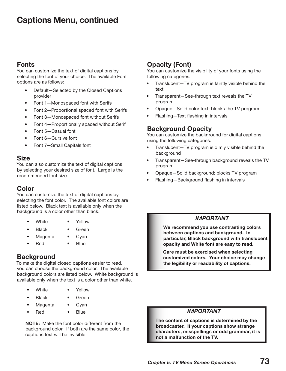 Captions menu, continued, Fonts, Size | Color, Background, Opacity (font), Background opacity | MITSUBISHI ELECTRIC WD-52627 User Manual | Page 73 / 118