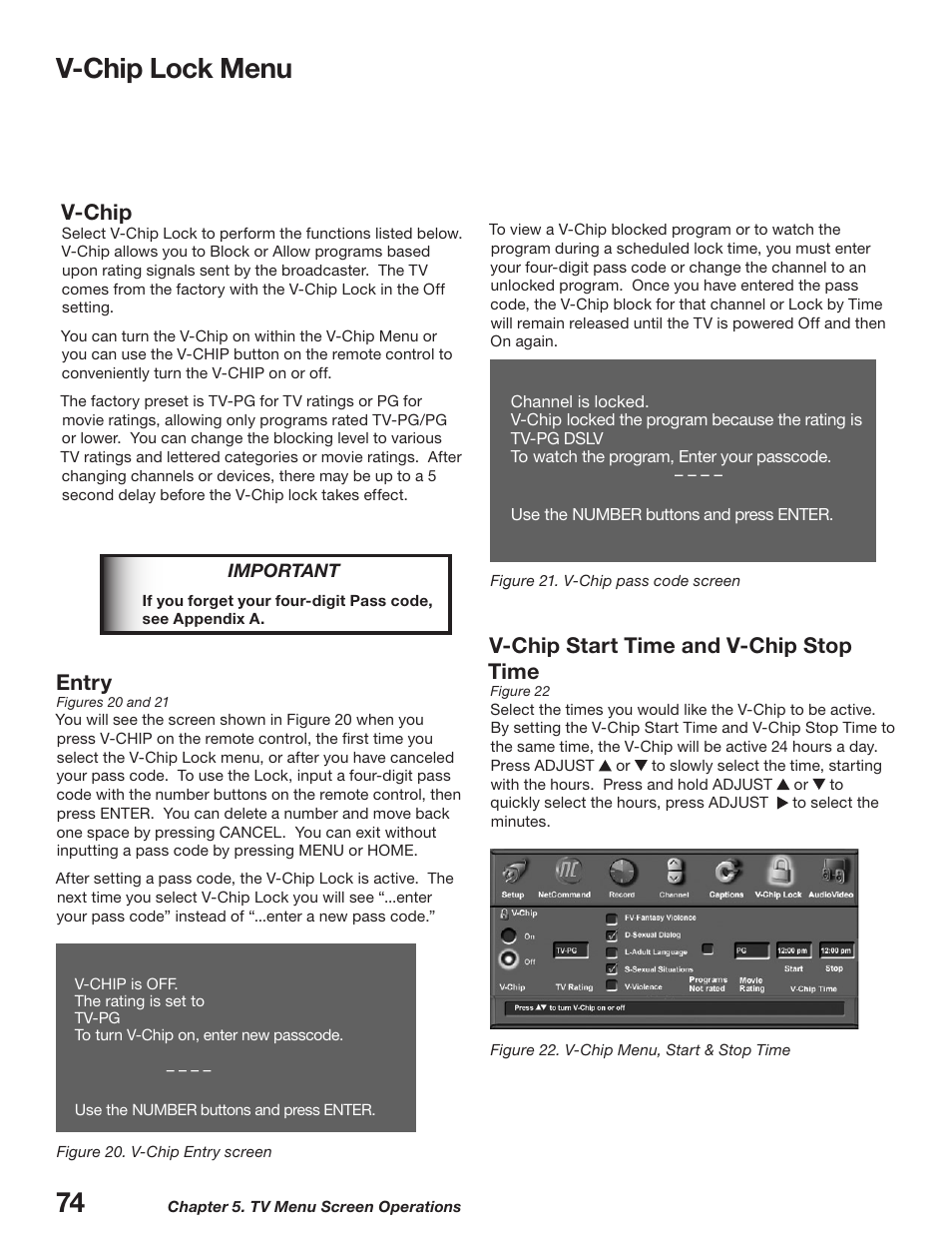 V-chip lock menu, V-chip, Entry | V-chip start time and v-chip stop time | MITSUBISHI ELECTRIC WD-52627 User Manual | Page 74 / 118