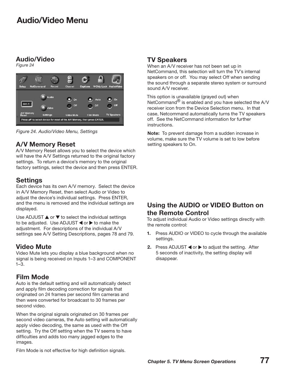 Audio/video menu, Audio/video, Settings | Video mute, Film mode, Tv speakers | MITSUBISHI ELECTRIC WD-52627 User Manual | Page 77 / 118