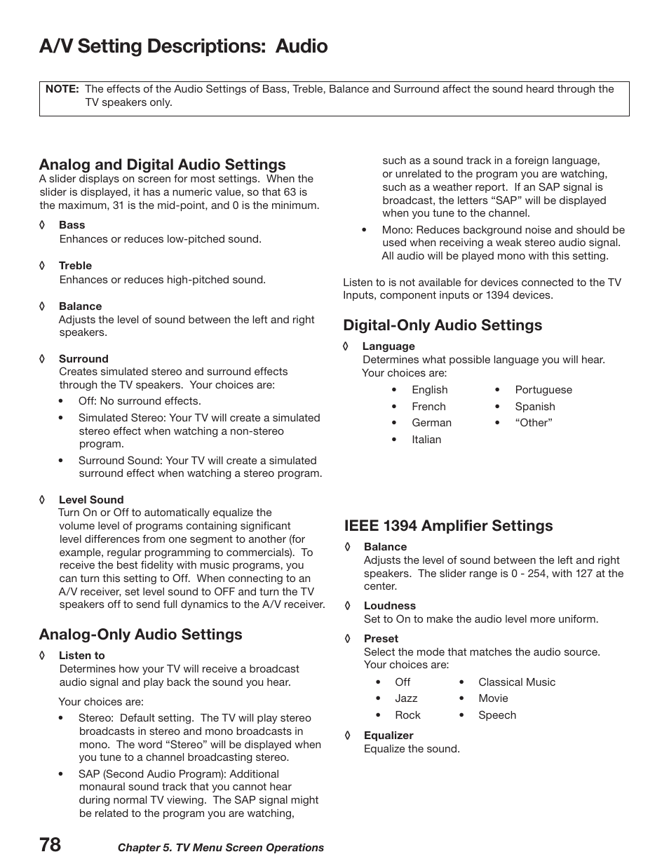 A/v setting descriptions: audio, Analog and digital audio settings, Analog-only audio settings | Digital-only audio settings, Ieee 139 amplifier settings | MITSUBISHI ELECTRIC WD-52627 User Manual | Page 78 / 118