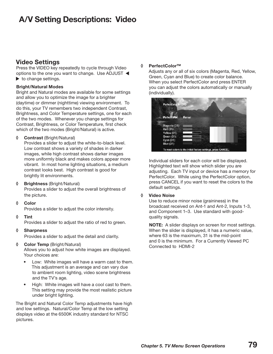 A/v setting descriptions: video, 79 a/v setting descriptions: video, Video settings | MITSUBISHI ELECTRIC WD-52627 User Manual | Page 79 / 118