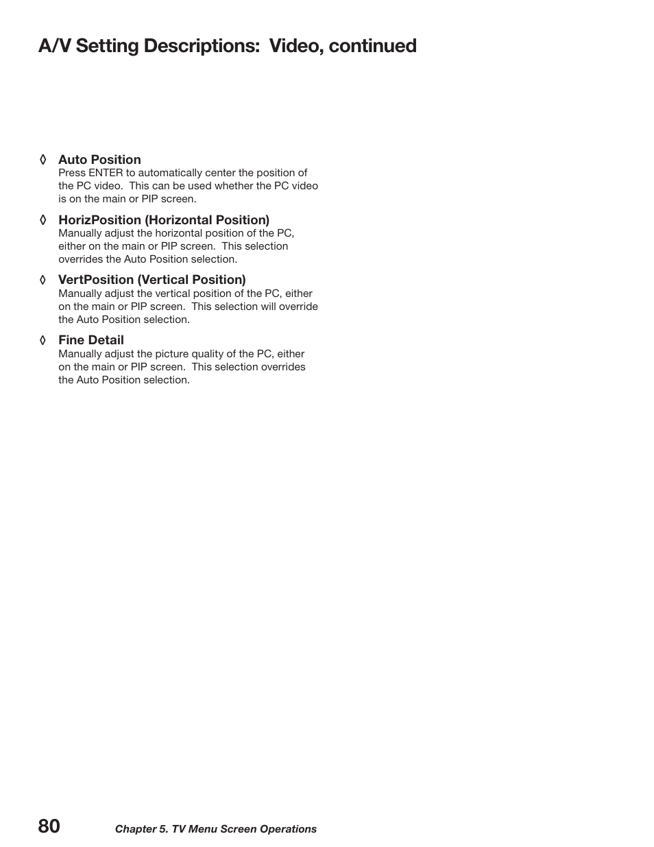 A/v setting descriptions: video, continued | MITSUBISHI ELECTRIC WD-52627 User Manual | Page 80 / 118