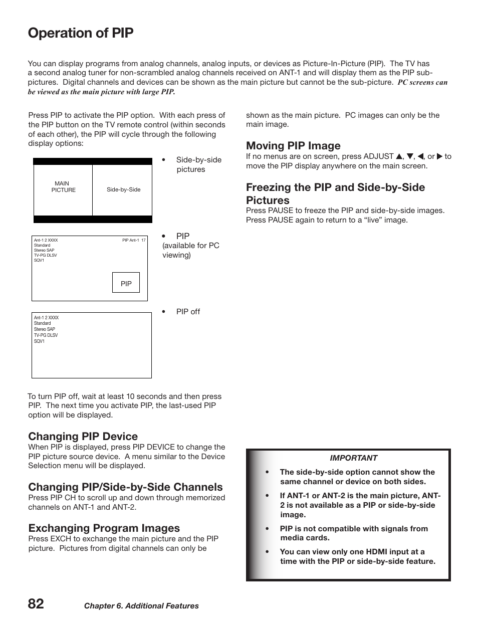 Operation of pip, Changing pip device, Changing pip/side-by-side channels | Exchanging program images, Moving pip image, Freezing the pip and side-by-side pictures | MITSUBISHI ELECTRIC WD-52627 User Manual | Page 82 / 118