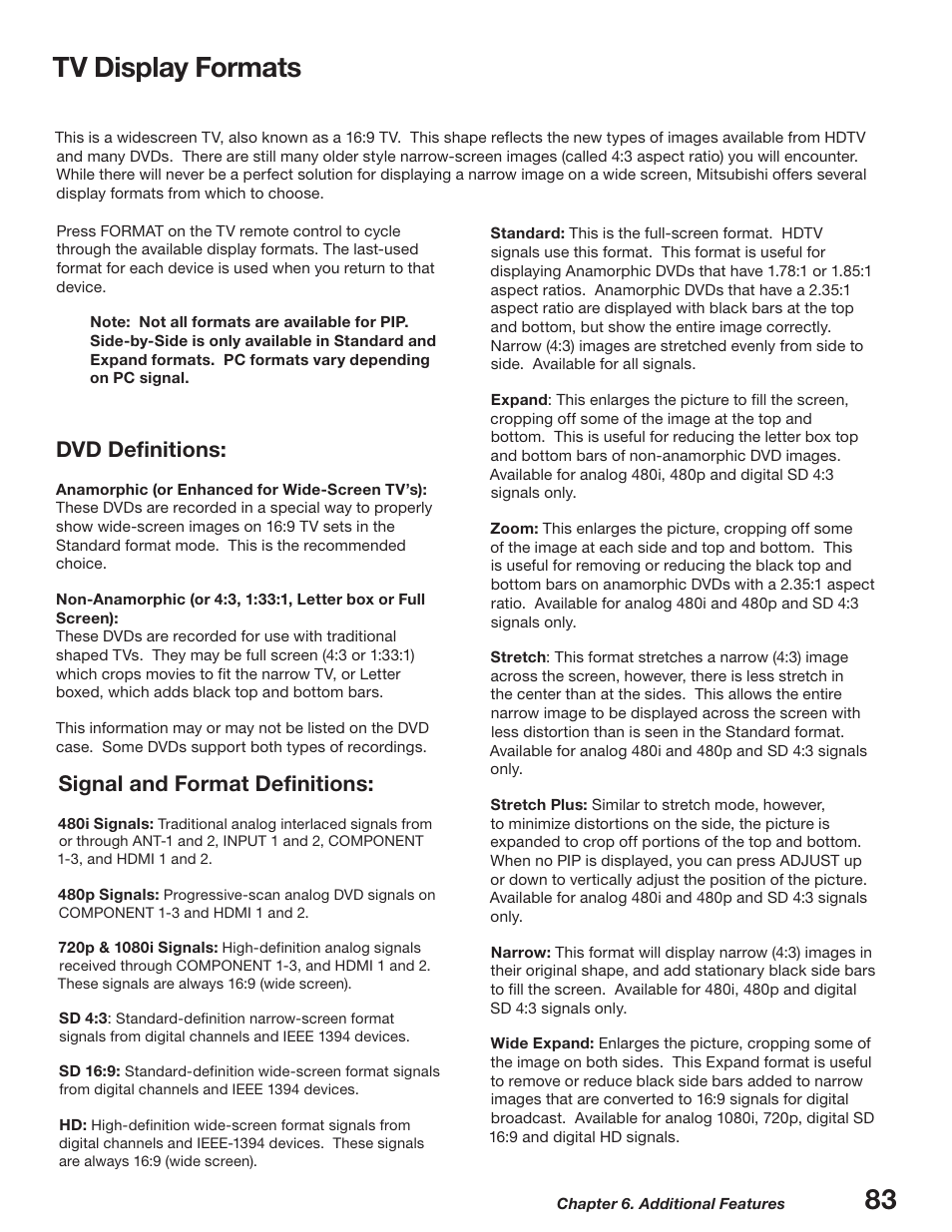 Tv display formats, 83 tv display formats, Signal and format definitions | Dvd definitions | MITSUBISHI ELECTRIC WD-52627 User Manual | Page 83 / 118