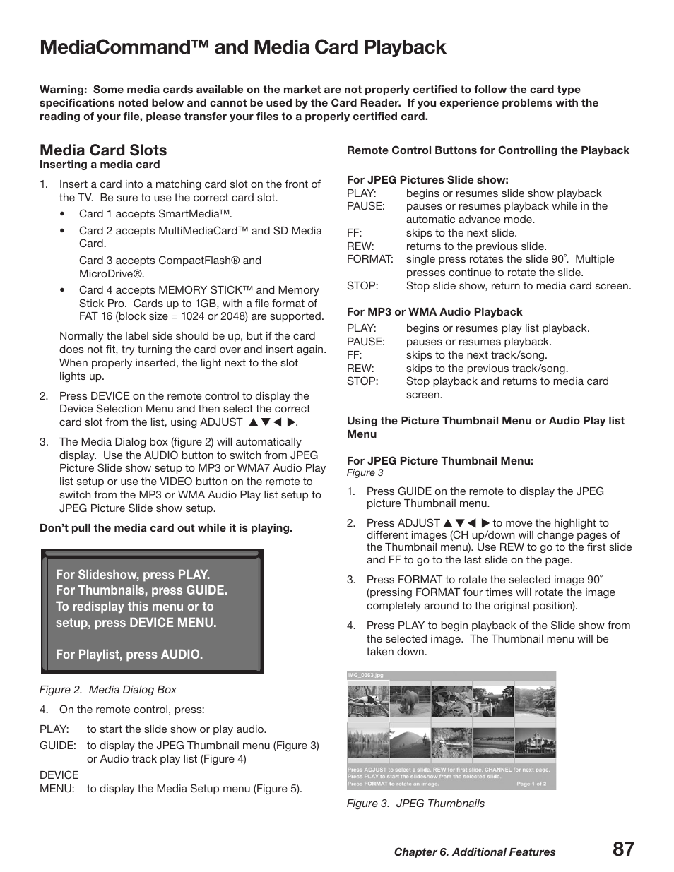 Mediacommand™ and media card playback, 87 mediacommand™ and media card playback, Media card slots | MITSUBISHI ELECTRIC WD-52627 User Manual | Page 87 / 118