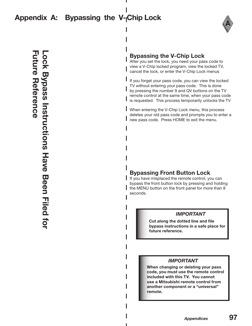 Appendix a: bypassing the v-chip lock | MITSUBISHI ELECTRIC WD-52627 User Manual | Page 97 / 118