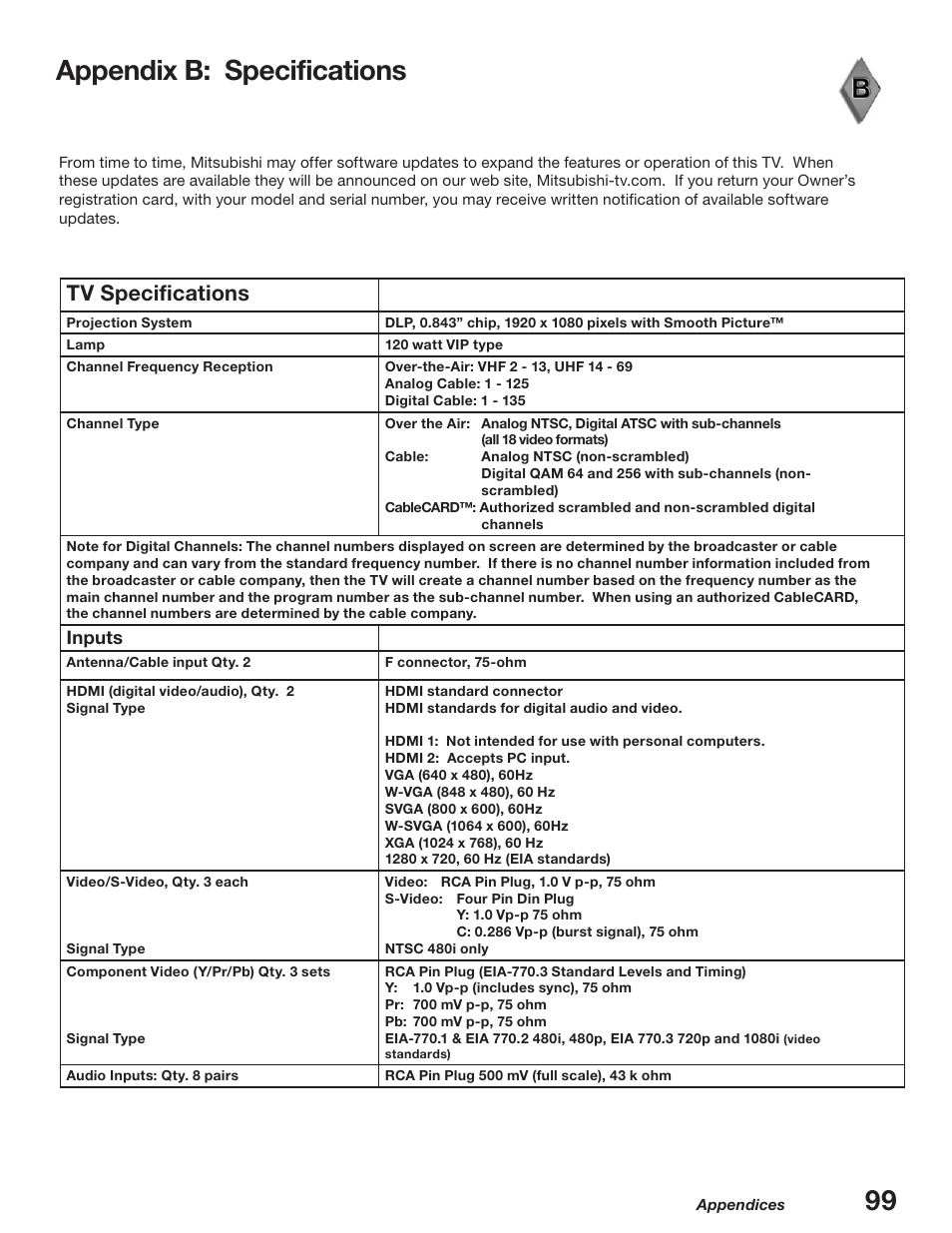 Appendix b: specifications, 99 appendix b: specifications, Tv specifications | MITSUBISHI ELECTRIC WD-52627 User Manual | Page 99 / 118