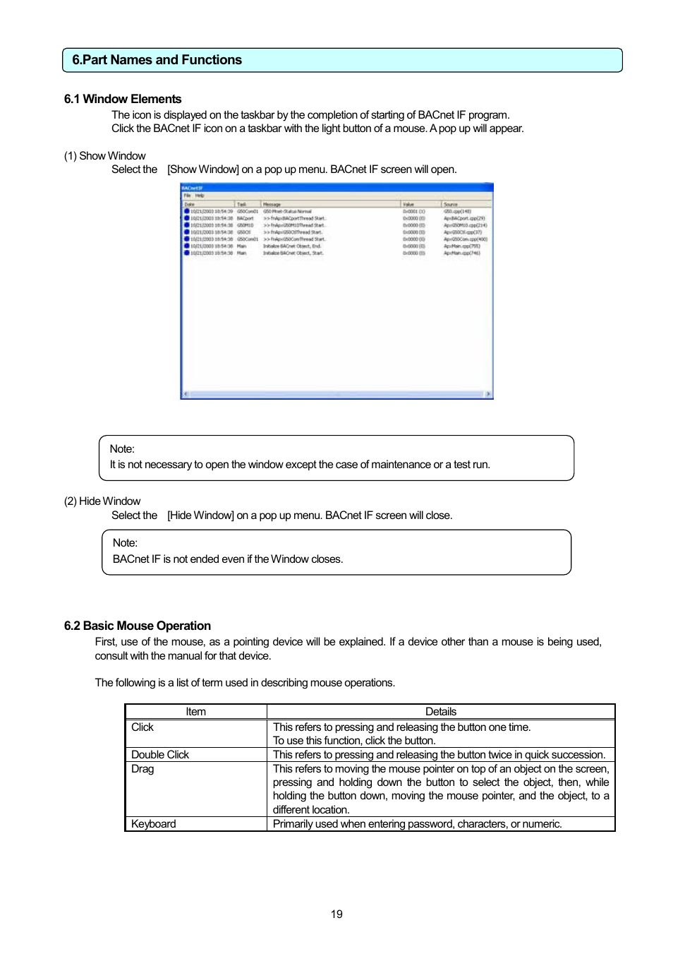 1 window elements, 2 basic mouse operation, Part names and functions | MITSUBISHI ELECTRIC PAC-YG31CDA User Manual | Page 22 / 46