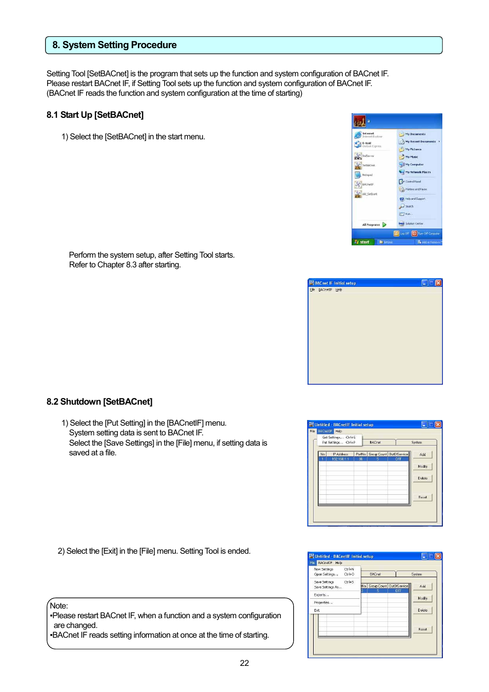 1 start up [setbacnet, 2 shutdown [setbacnet, System setting procedure | MITSUBISHI ELECTRIC PAC-YG31CDA User Manual | Page 25 / 46